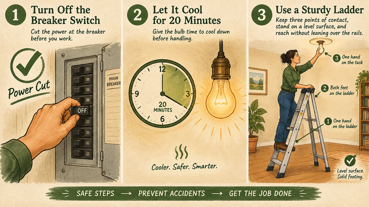 Three-panel diagram illustrating turning off breaker switch, letting a bulb cool 20 minutes, and using a stepladder.