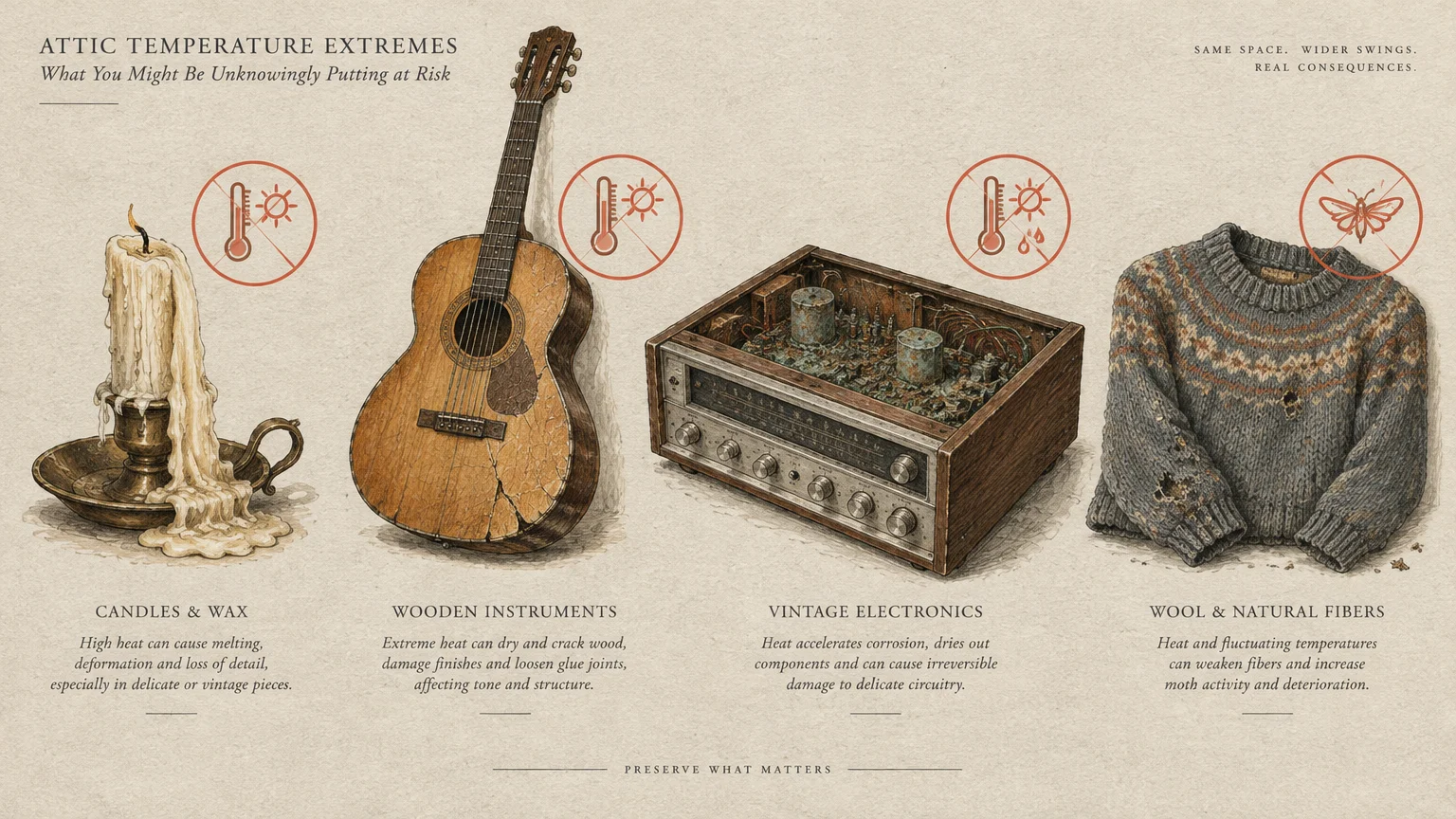 Illustration of a melted candle, cracked guitar, corroded vintage stereo receiver, and moth-eaten wool sweater.