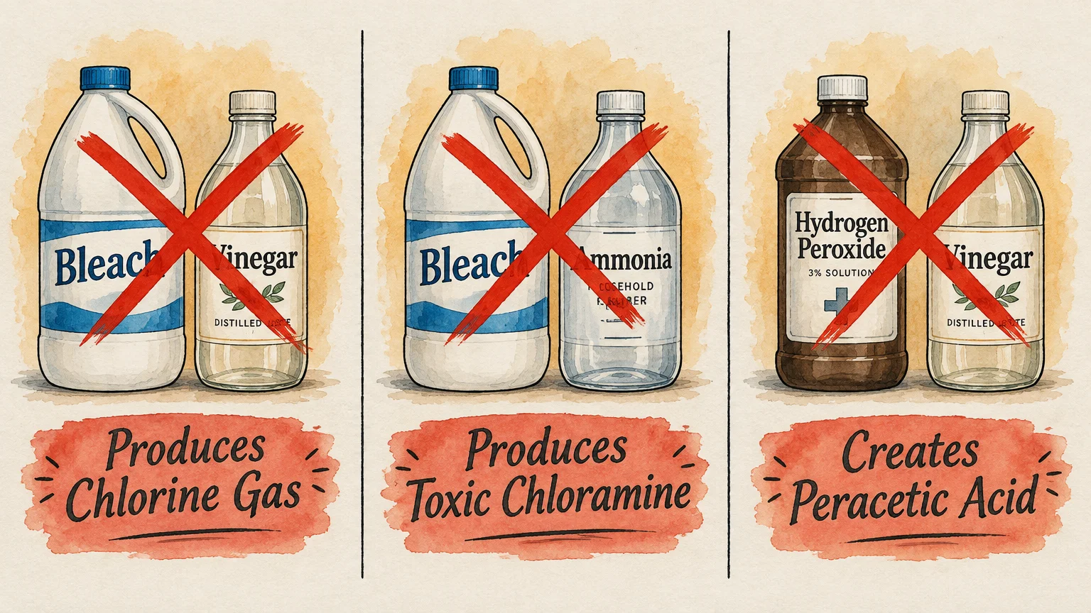 Watercolor illustration showing dangerous cleaning combinations marked with red crosses: bleach, vinegar, ammonia, and peroxide.
