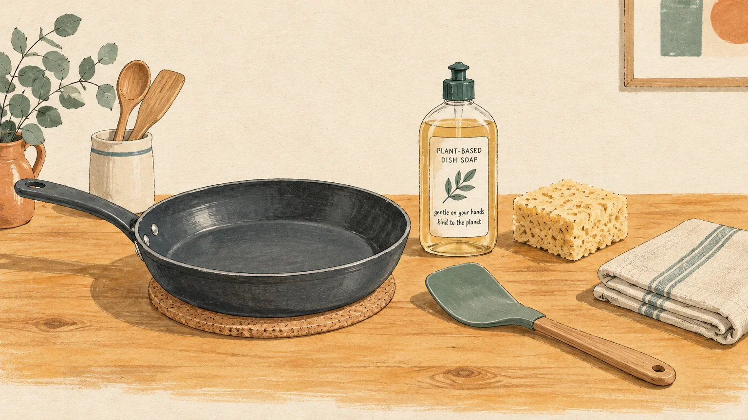 Illustration of a frying pan on a trivet beside dish soap, a sponge, a spatula, and folded towels on a wooden table.