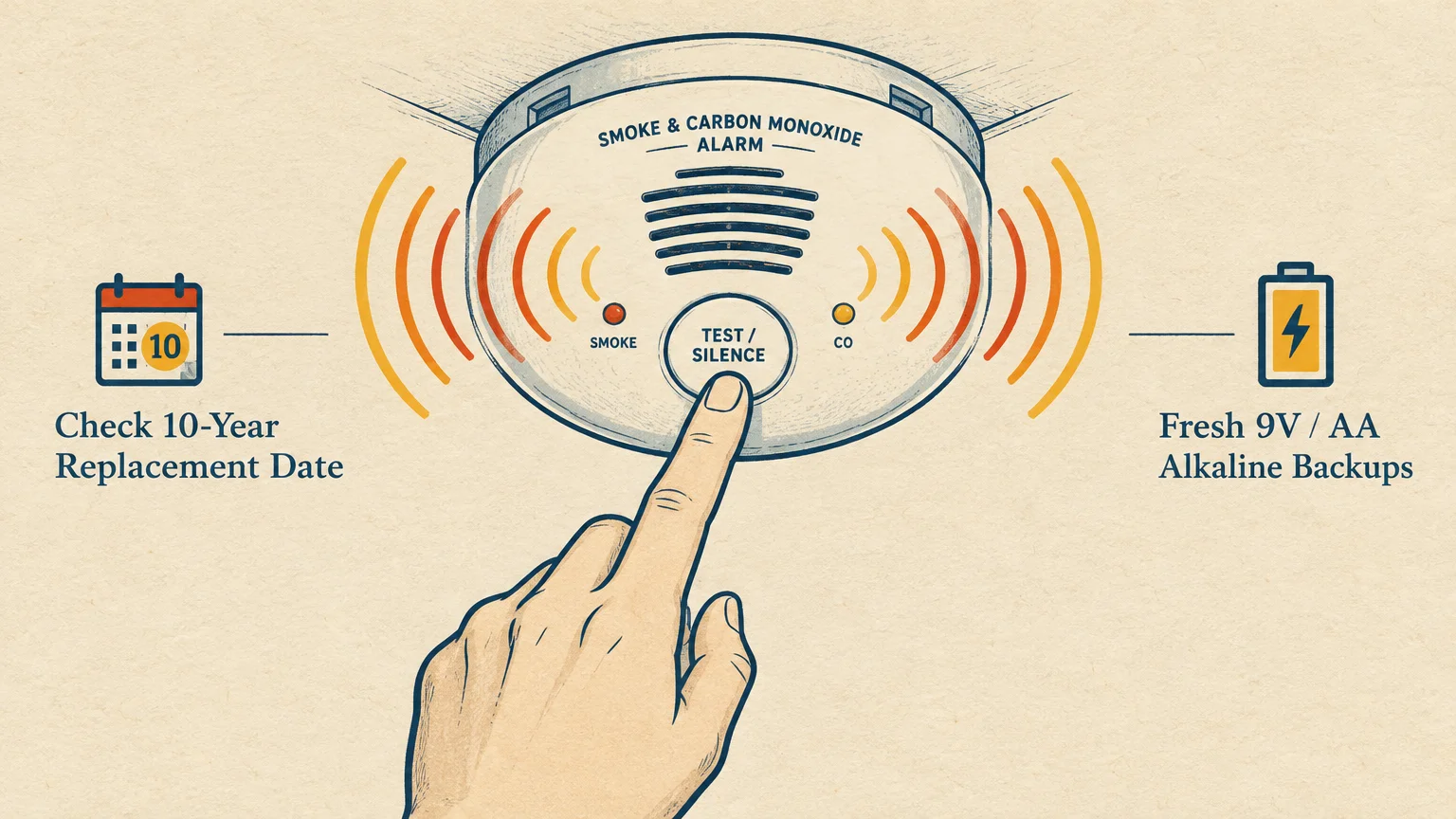Illustration of a hand pressing the test button on a smoke and carbon monoxide alarm, flanked by calendar and battery icons.