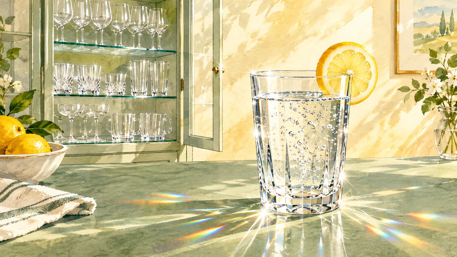 Watercolor illustration of a sparkling glass of water with a lemon slice on a counter beside a cabinet of glassware.