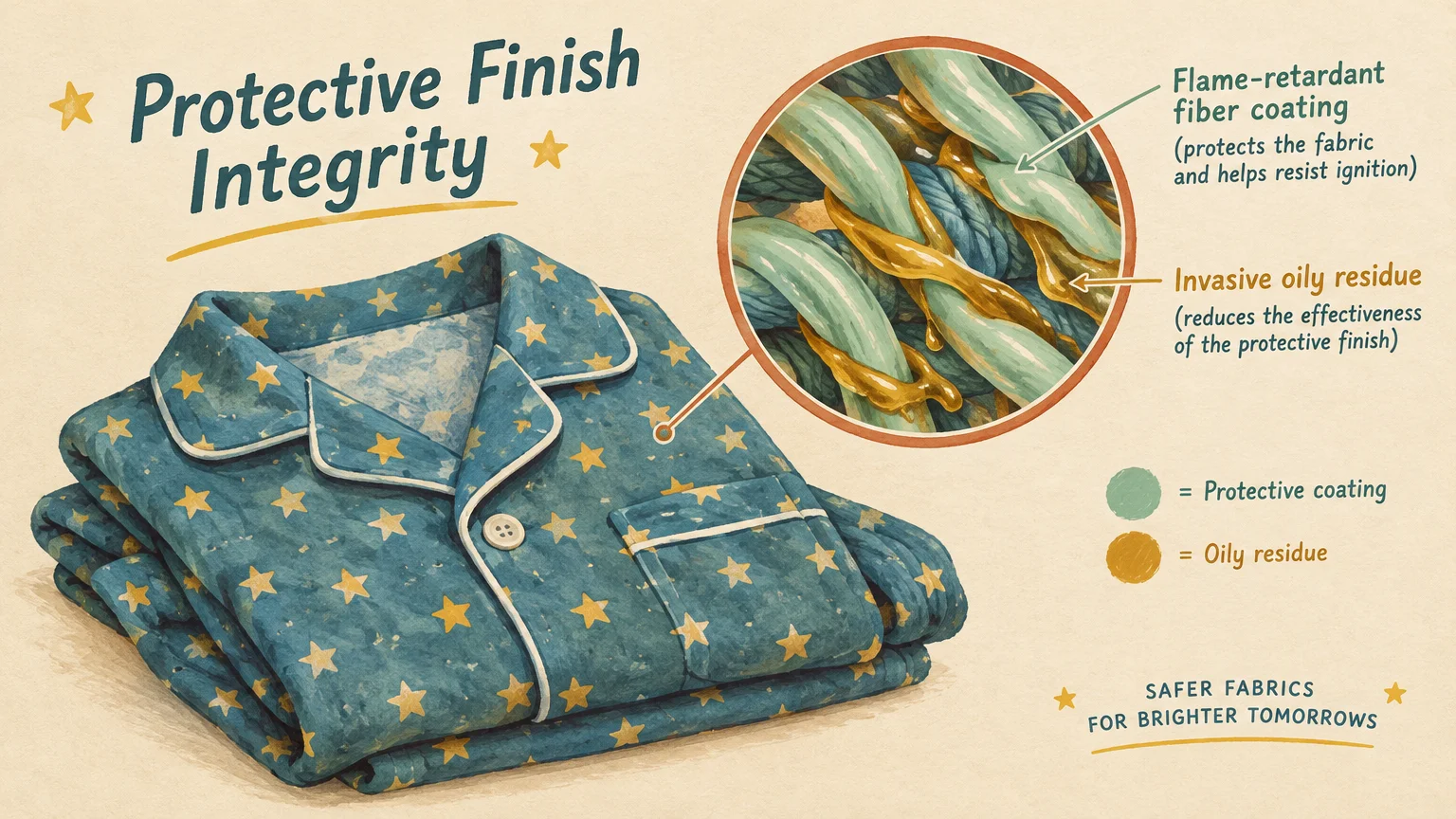 Illustration of folded blue star-patterned pajamas with a magnified view contrasting protective fiber coating and oily residue.
