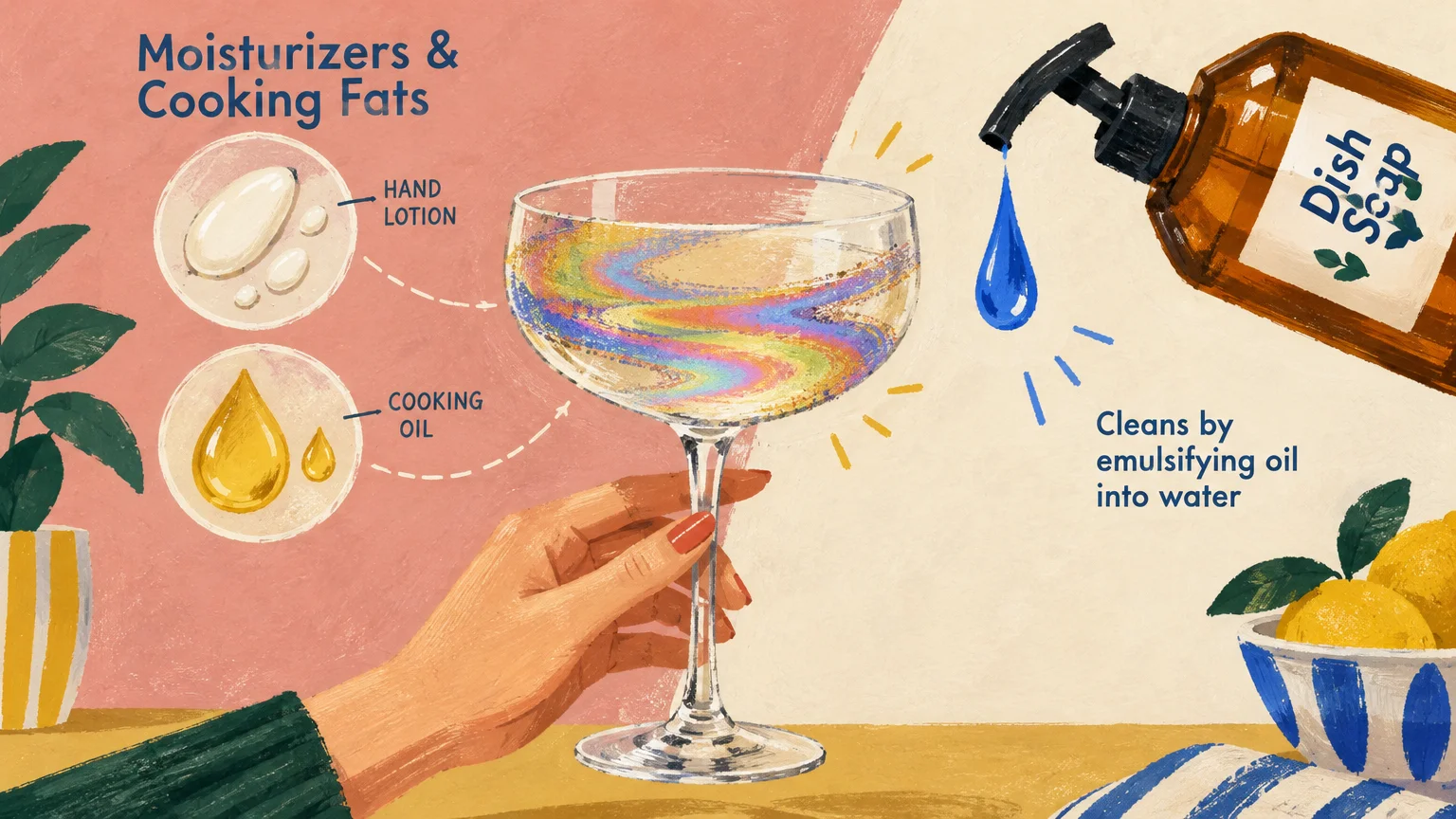 Illustration of a hand holding a coupe glass with oily film, beside lotion and oil diagrams and a dish soap bottle.