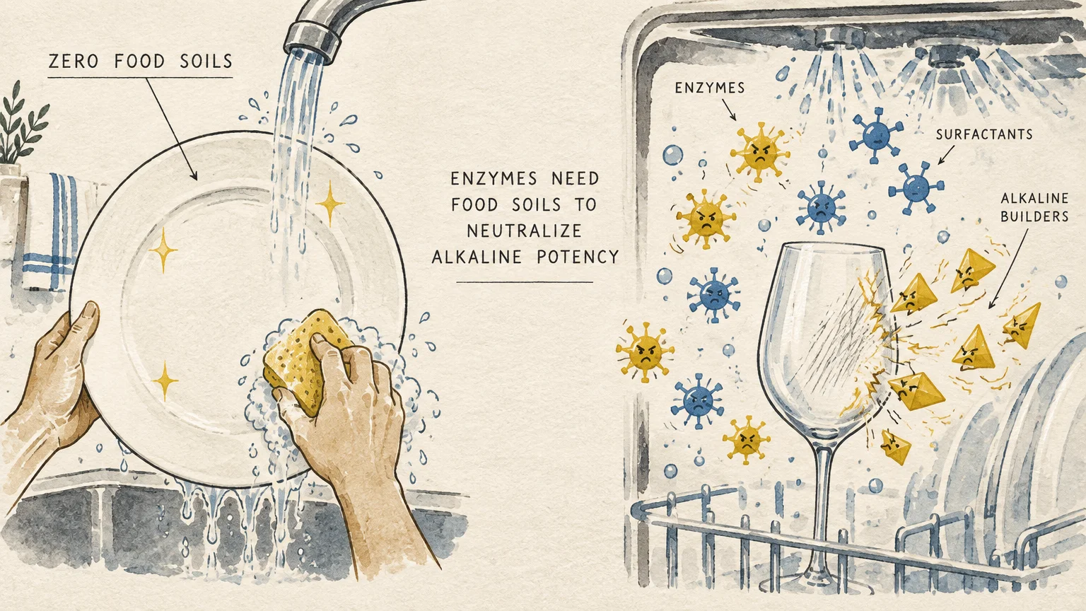 Illustration of a plate rinsed under running water beside cartoon chemical particles attacking a wine glass in a dishwasher.
