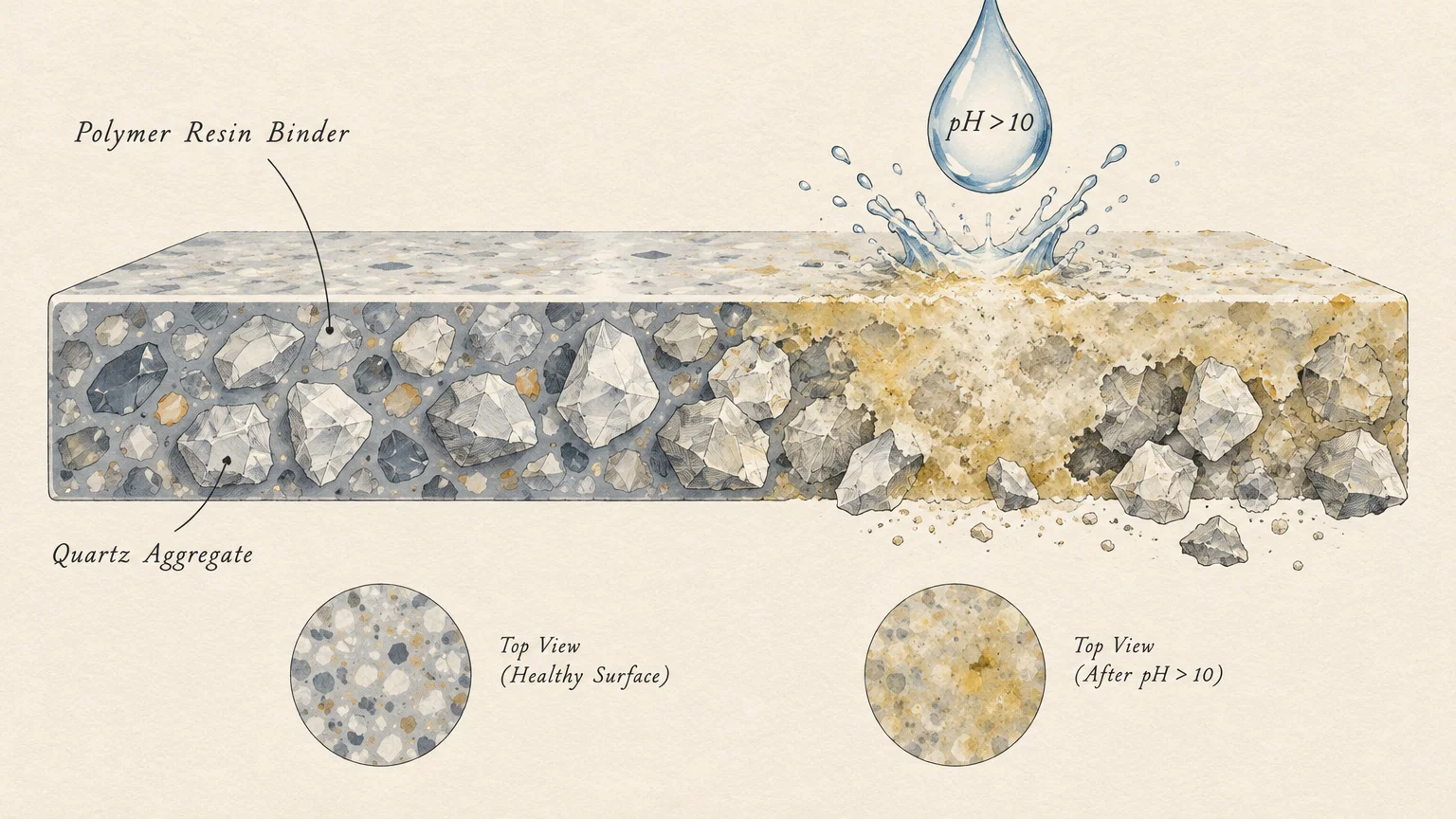 Diagram showing a high-pH droplet eroding and discoloring the polymer resin binder within an engineered quartz slab.