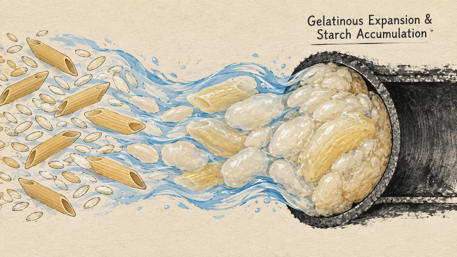Illustration of penne pasta and rice grains carried by water into a pipe, swelling into a large gelatinous mass.