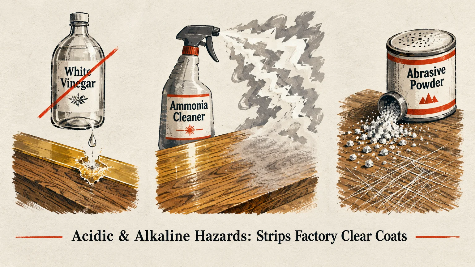 Illustration of white vinegar, ammonia spray, and abrasive powder damaging and scratching finished wood surfaces.