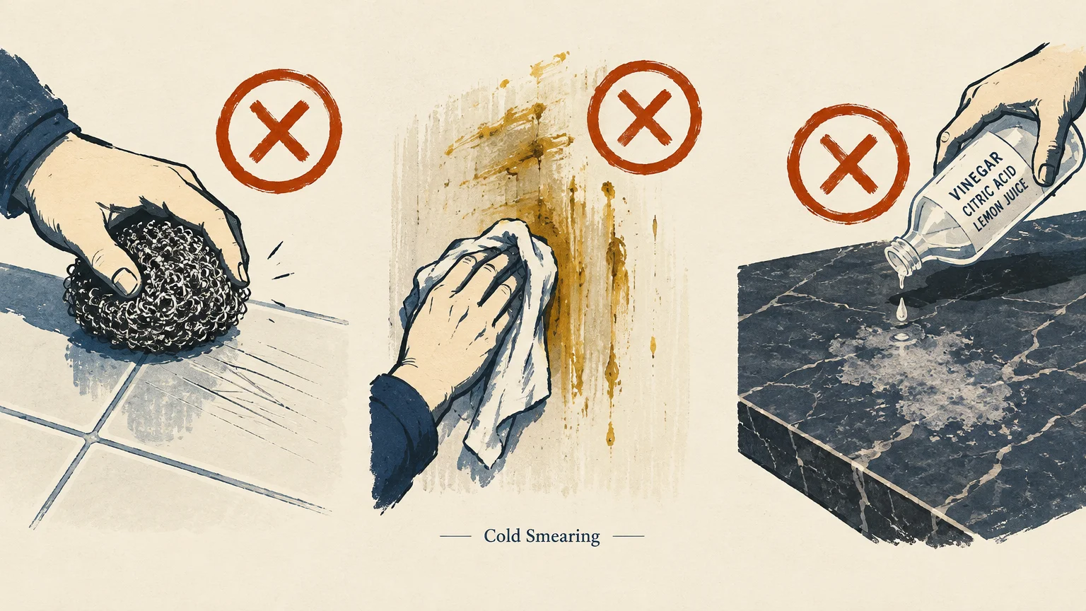 Illustration of three prohibited cleaning mistakes: scrubbing with steel wool, wiping smeared grease, and pouring acid.