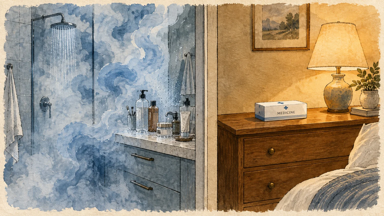 Watercolor split view of a steamy shower bathroom next to a peaceful bedroom nightstand with a medicine box.
