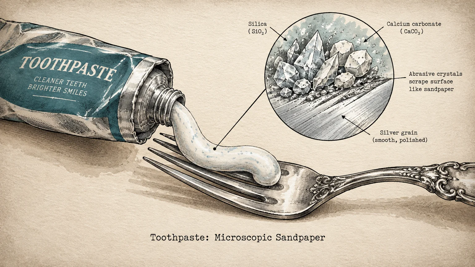 Illustration of toothpaste squeezed onto an ornate silver fork, with a magnified inset showing abrasive crystals scraping metal.