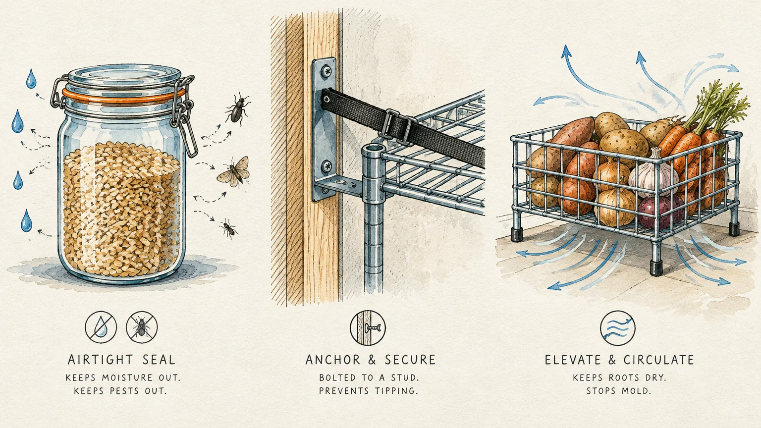 Three illustrations showing an airtight food jar, an anchored metal shelf, and an elevated wire basket of root vegetables.