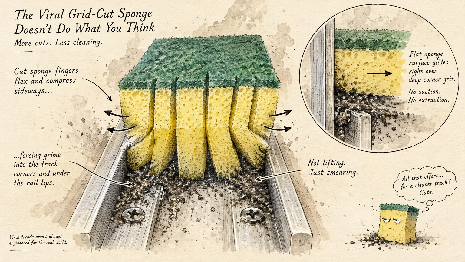 Diagram illustrating how a grid-cut cleaning sponge flexes and compacts dirt inside a metal window track.