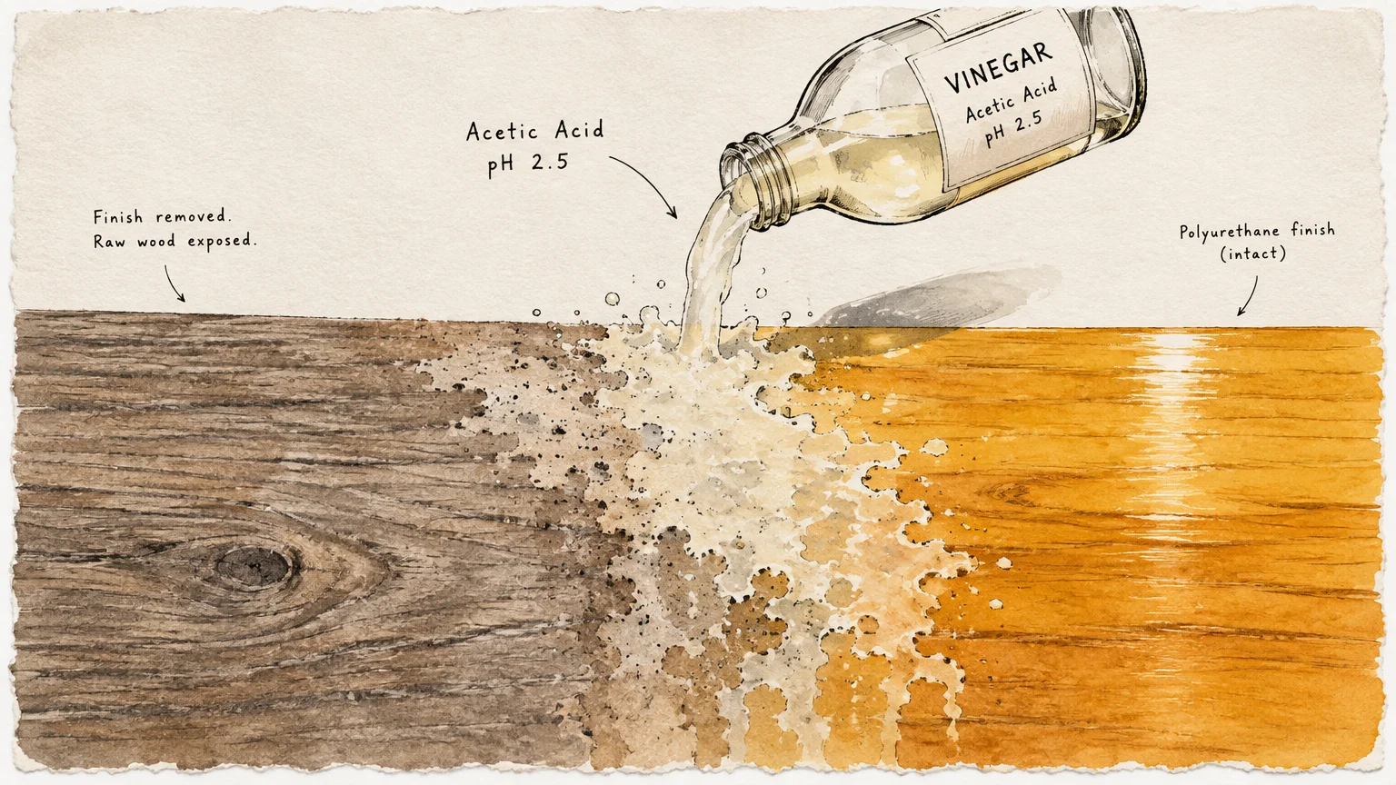 Illustration of vinegar pouring onto wood, showing shiny polyurethane on the right and stripped, raw timber on the left.