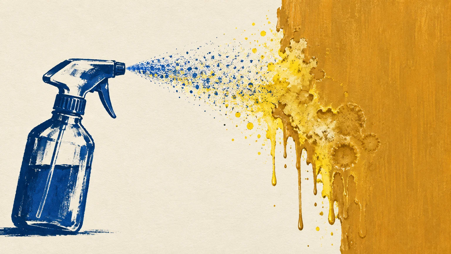 Illustration of a blue spray bottle spraying mist that dissolves and melts a textured yellow painted surface into drips.