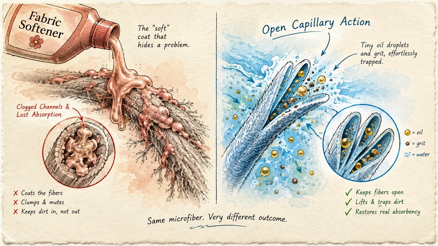 Illustration comparing microfiber clogged by fabric softener with open fibers trapping dirt and oil via capillary action.
