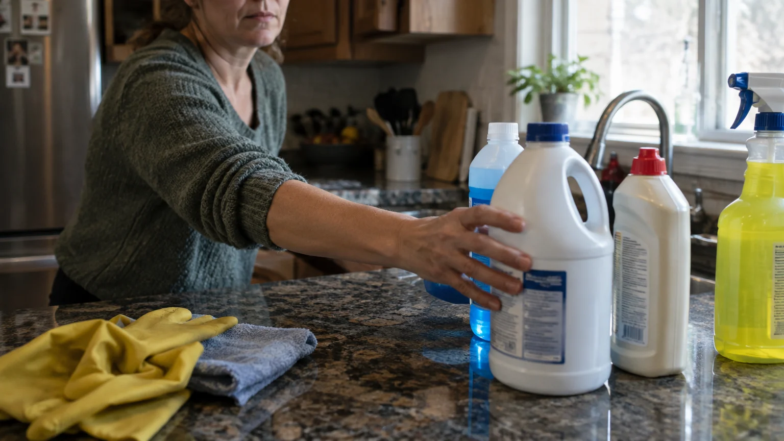 A woman in a kitchen reaching for a white bottle of bleach on a dark, polished granite countertop.
