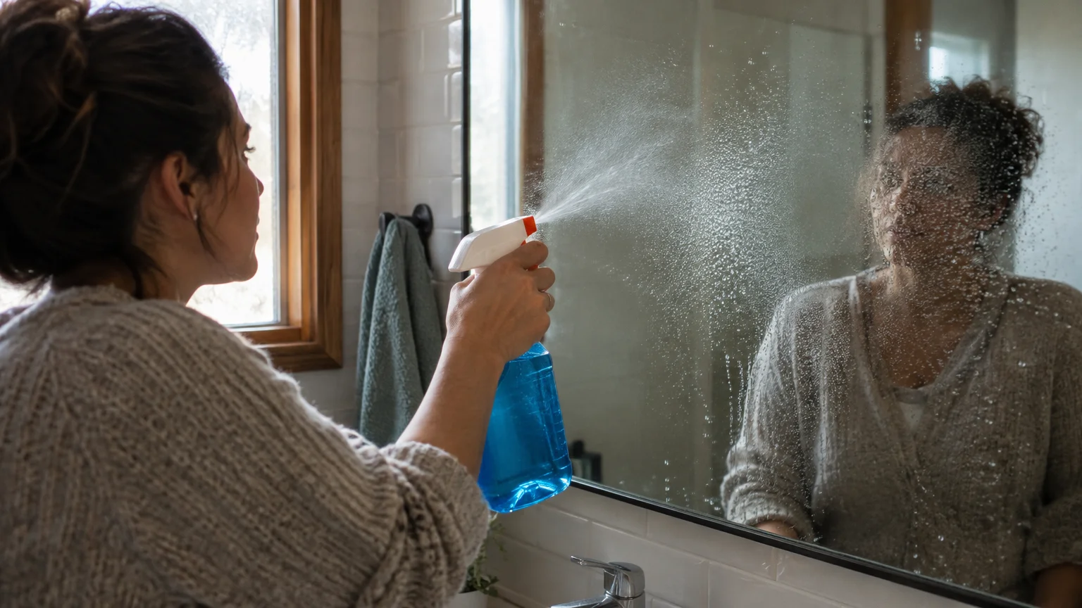 Woman spraying blue cleaning liquid from a spray bottle directly onto a bathroom mirror.
