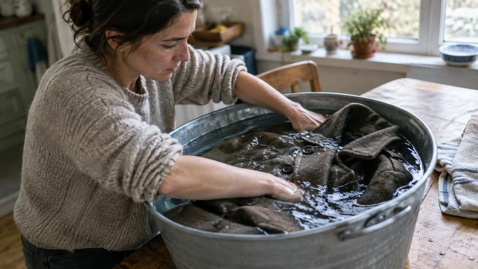 A woman submerges a heavy wool coat into a galvanized metal tub filled with water on a wooden table.