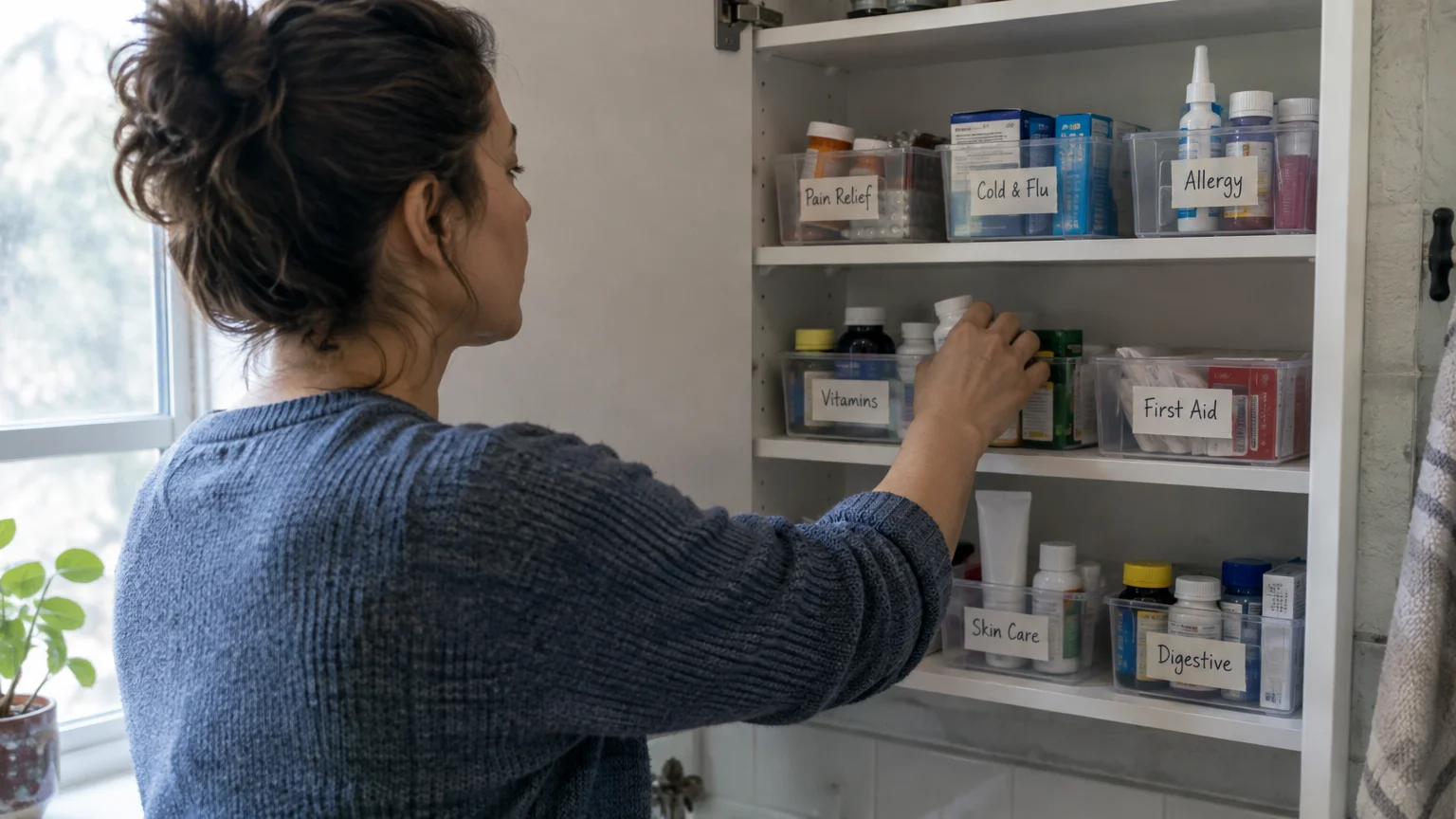 A woman reaches into a white medicine cabinet organized with labeled clear bins on three shelves.