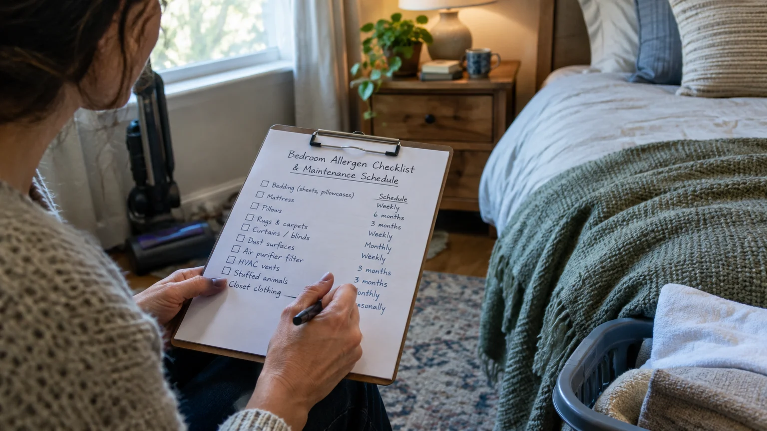 Person in a bedroom holding a clipboard titled Bedroom Allergen Checklist and Maintenance Schedule with a pen.