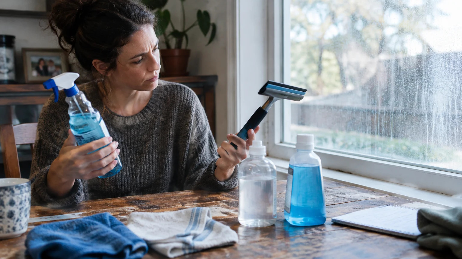 A woman sitting at a table inspects a small squeegee while holding a spray bottle near cleaning cloths and hazy windows.