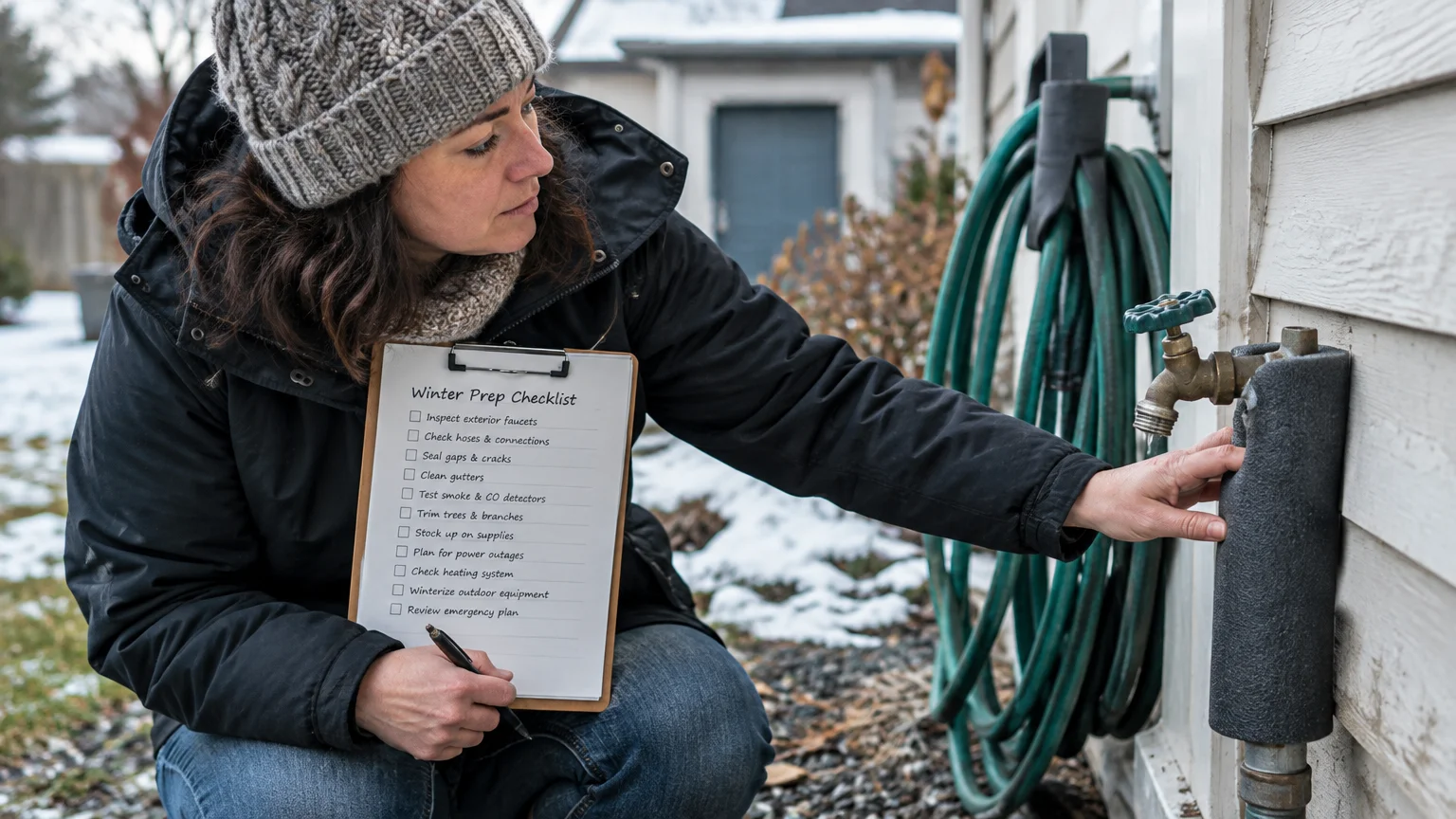 A woman kneeling outside holding a winter prep checklist clipboard while inspecting an insulated outdoor spigot.