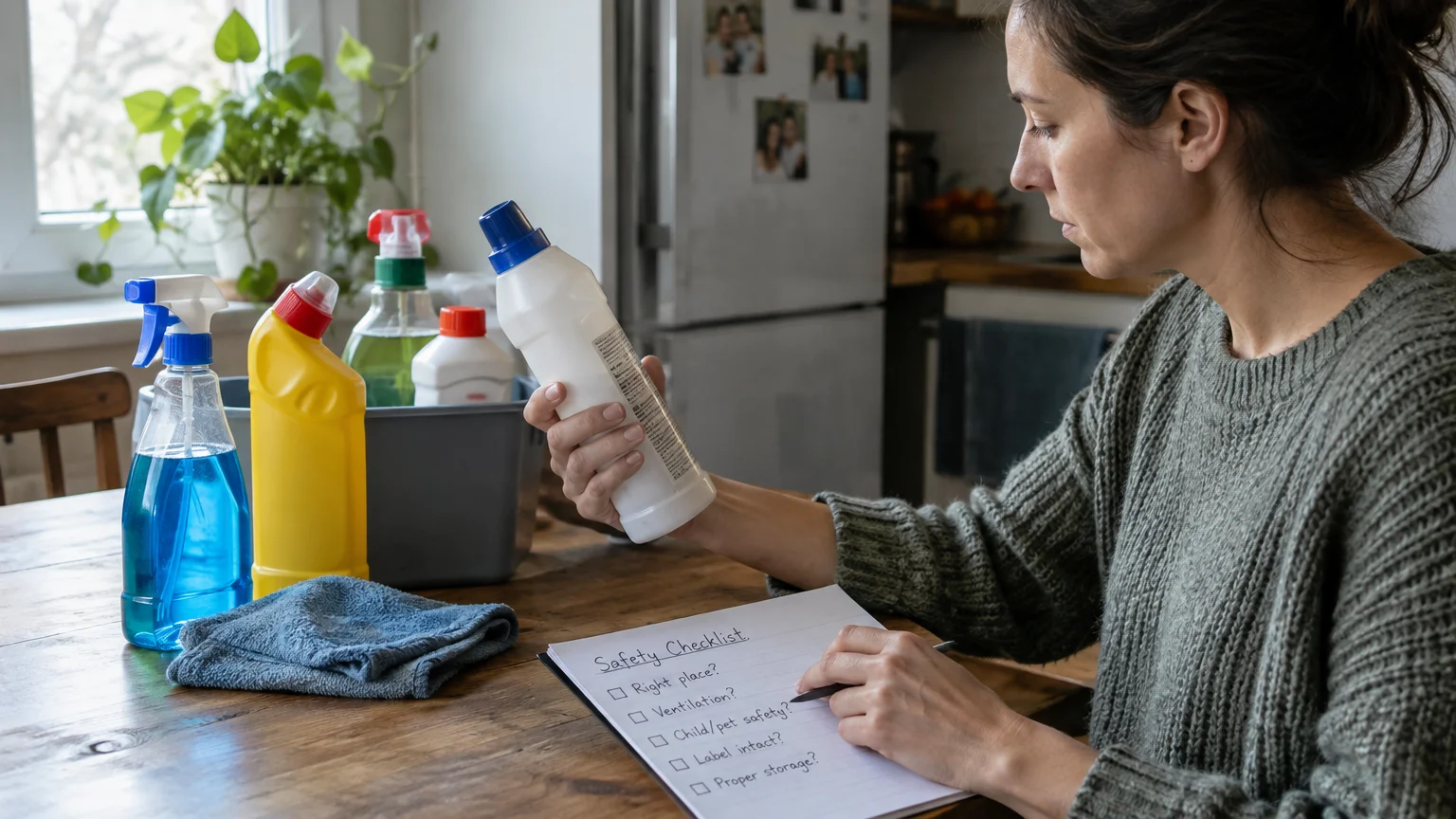 A woman sitting at a table checks a bottle of cleaner while holding a pen over a handwritten safety checklist.