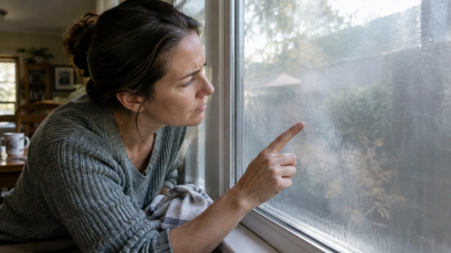 A woman in a grey sweater touches a hazy, fogged windowpane looking out into a yard.