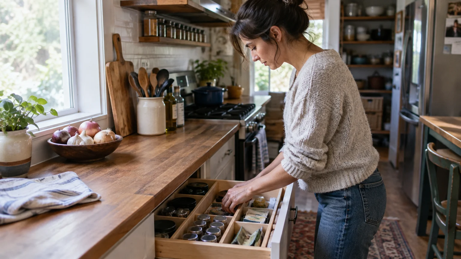 A woman organizes spice jars and packets inside an open wooden drawer beneath a butcher block kitchen counter.