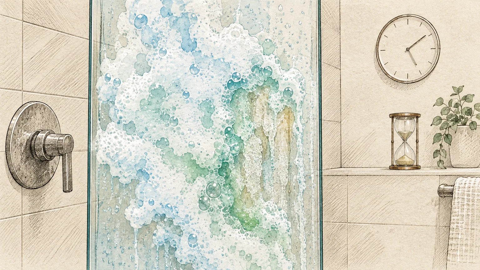 Illustration of soapy foam covering a glass shower door beside a bathroom clock and an hourglass on a ledge.