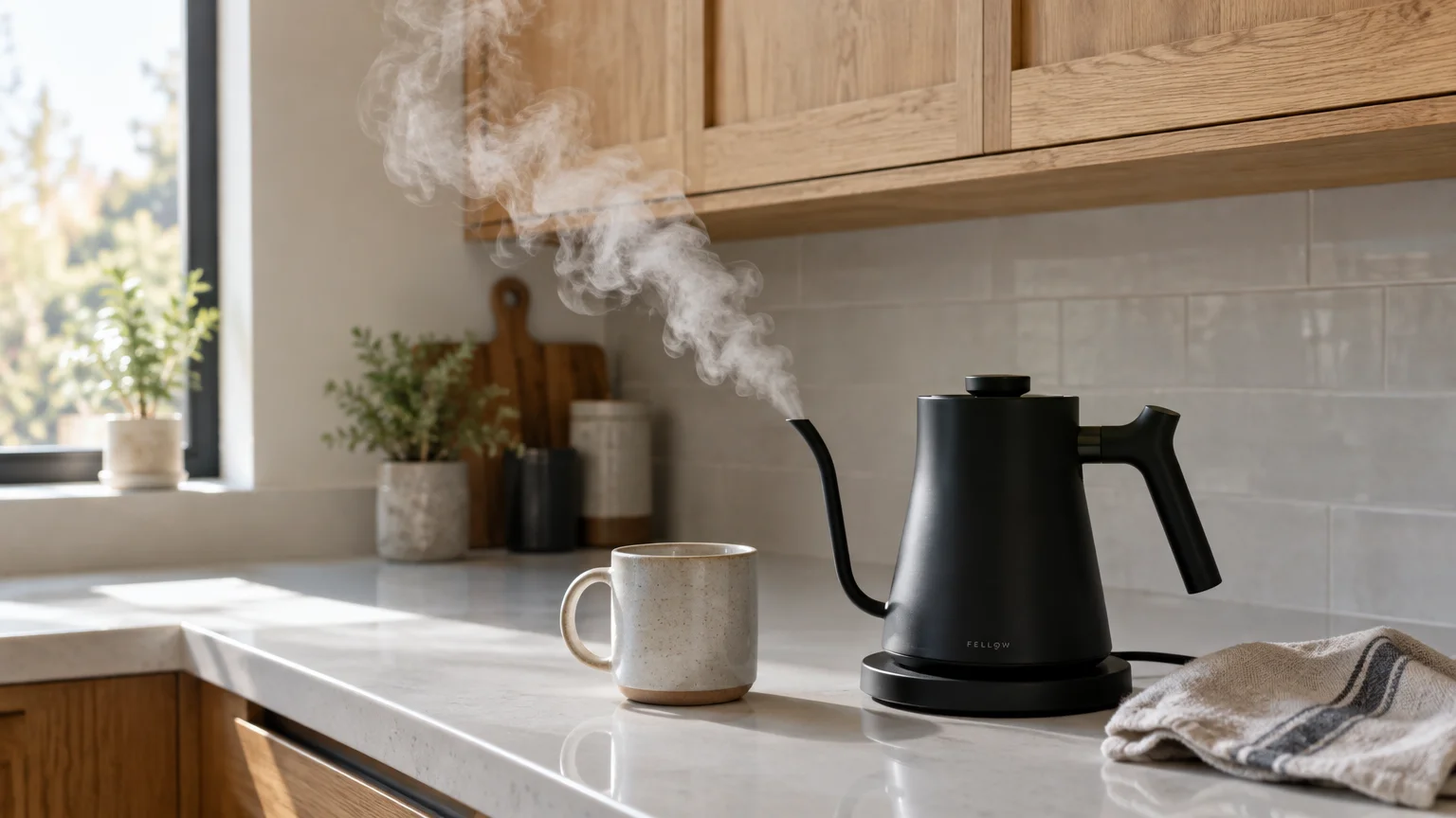 A black electric kettle releasing rising steam on a kitchen counter near a ceramic mug beneath light wood cabinets.