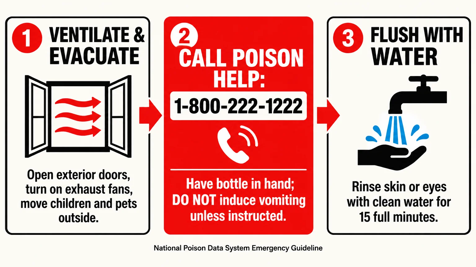 Three-step emergency guideline diagram outlining steps to ventilate, call Poison Help, and flush skin with water.