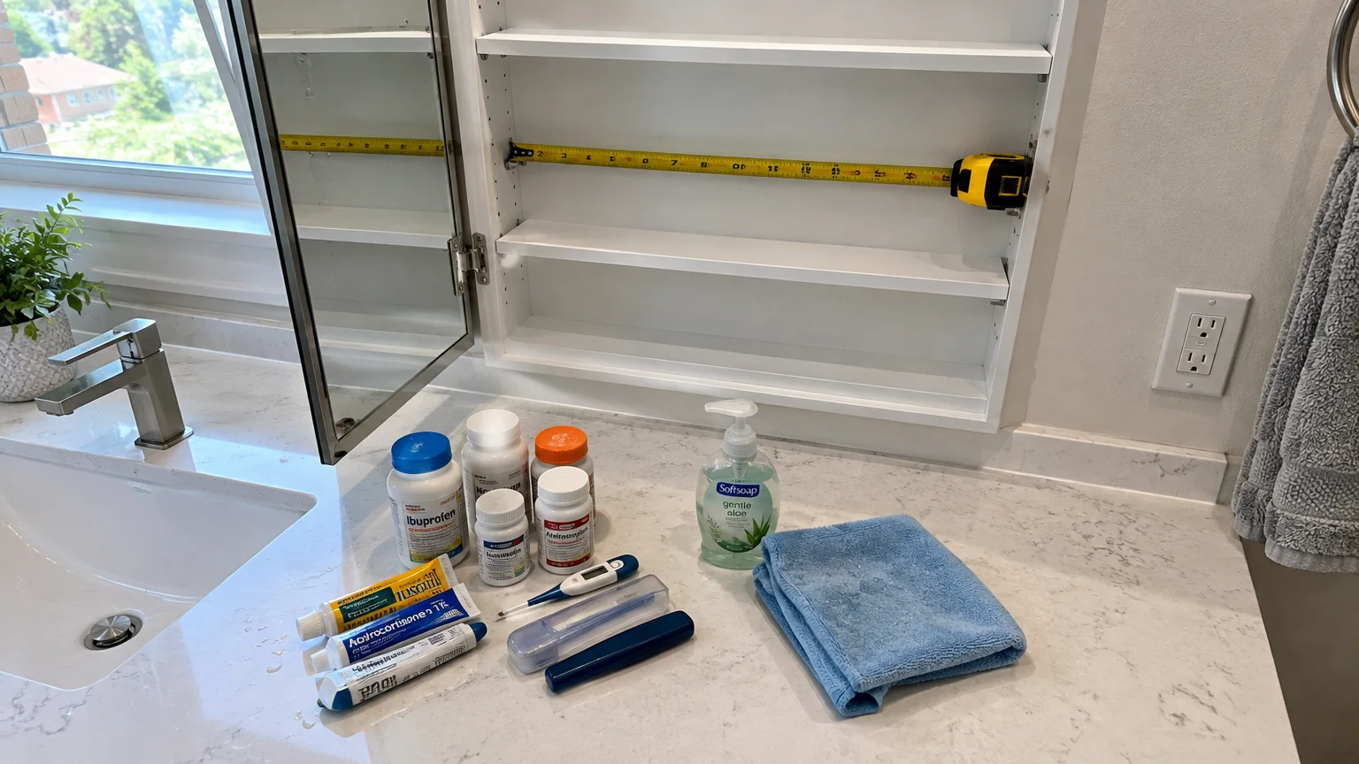 Empty open medicine cabinet measured with a yellow tape measure above toiletries, medicine bottles, and a cleaning cloth.