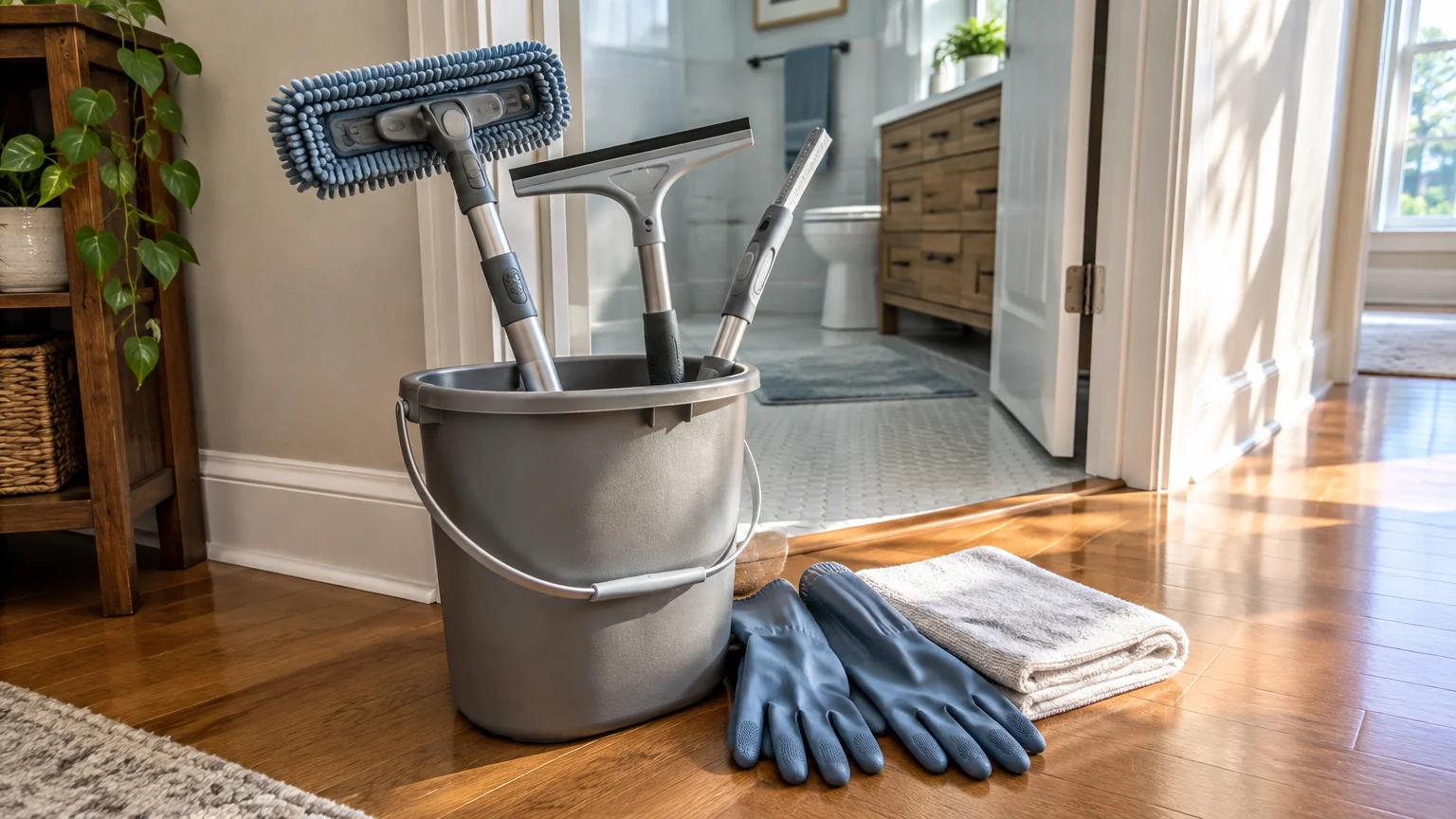 A gray cleaning bucket filled with an extendable microfiber mop and squeegee sits beside rubber gloves outside a bathroom.