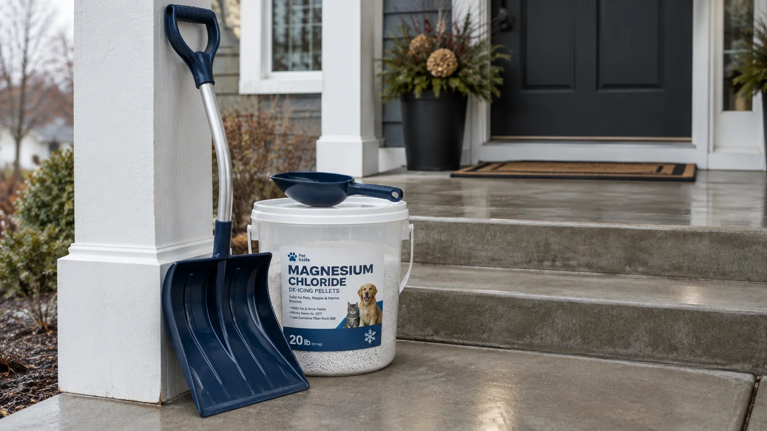 A blue snow shovel, bucket of pet-safe de-icing pellets, and a plastic scoop sitting on concrete porch steps.
