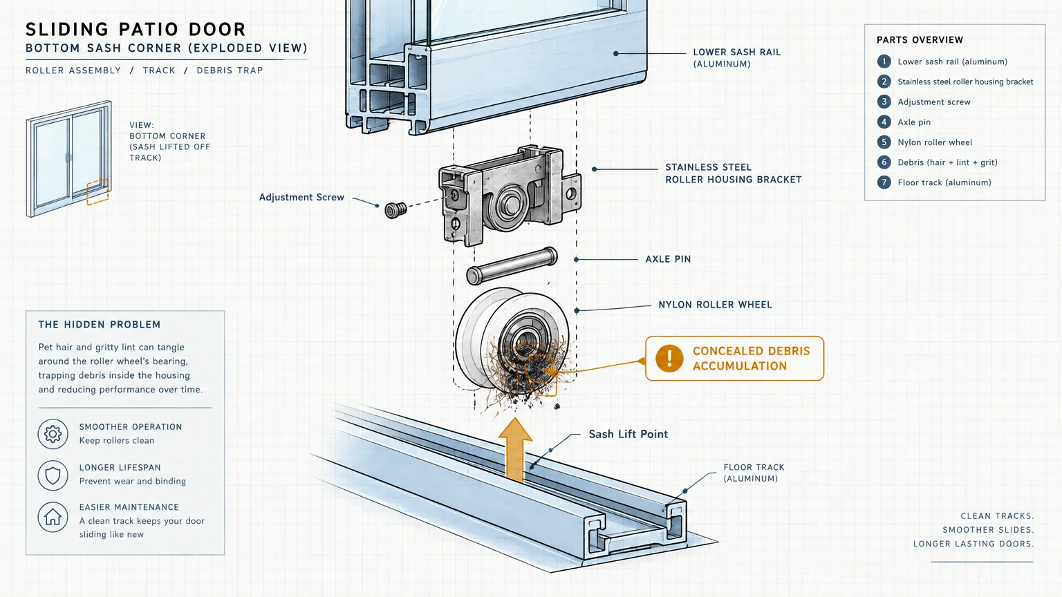 Exploded view diagram of a sliding patio door bottom sash roller assembly, wheel, and track with trapped debris.