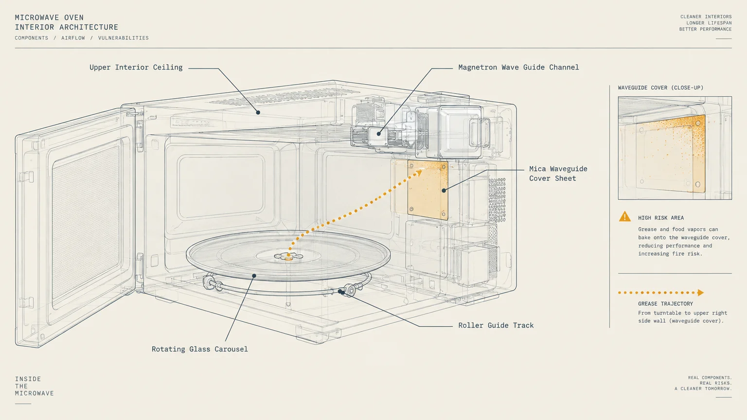 Technical line drawing of a microwave interior with labeled waveguide cover, turntable, and grease splatter trajectory.