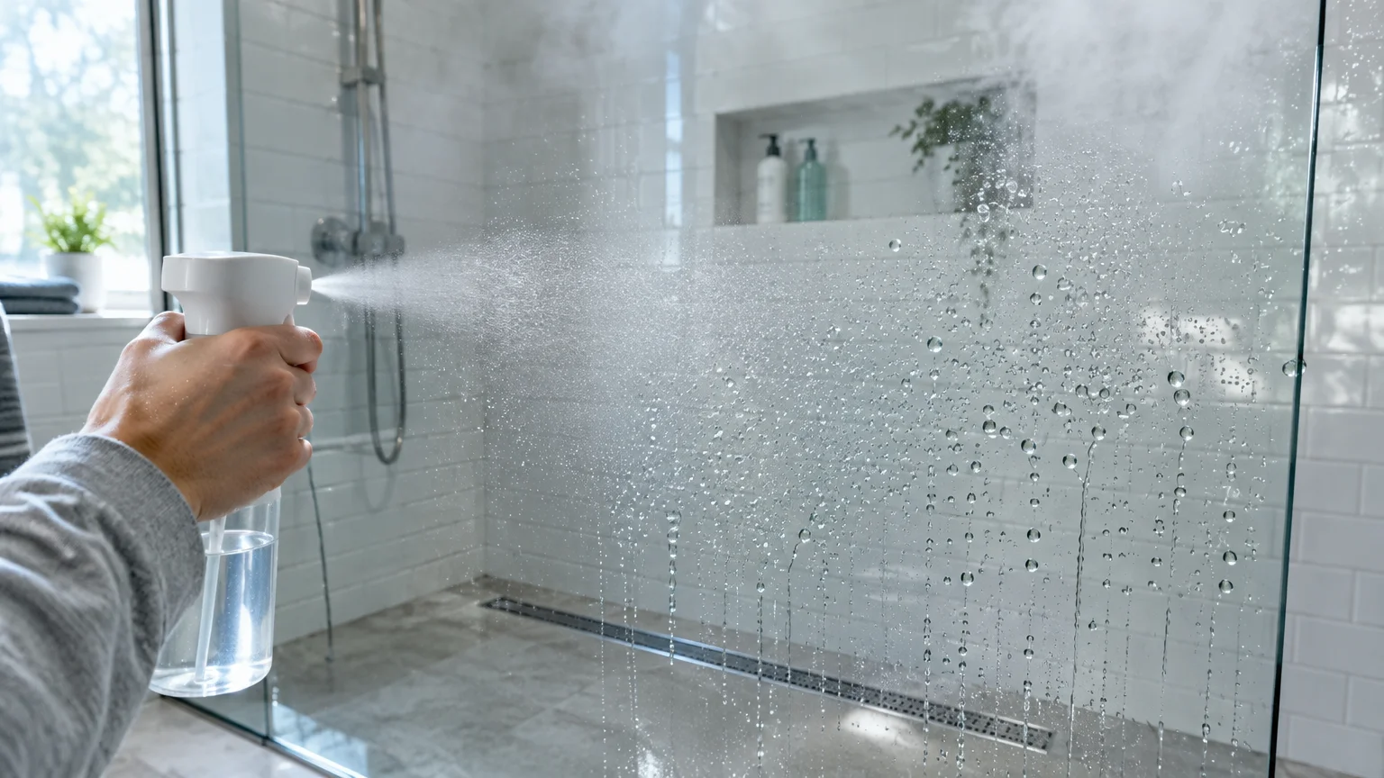 Hand spraying liquid from a spray bottle onto a wet glass door in a modern tiled shower.