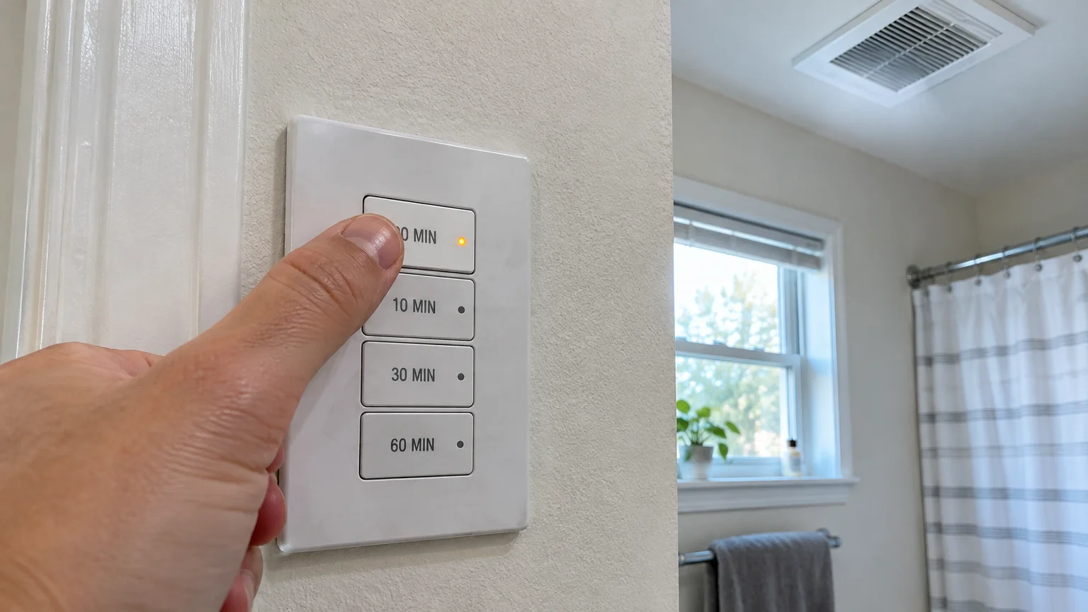 Hand pressing a button on a digital countdown wall switch inside a bathroom with an exhaust fan on the ceiling.