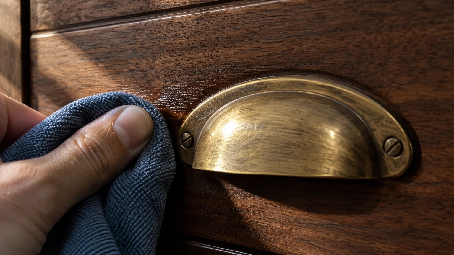 Hand wiping a dark wood drawer surface next to an antique brass cup pull handle using a blue microfiber cloth.