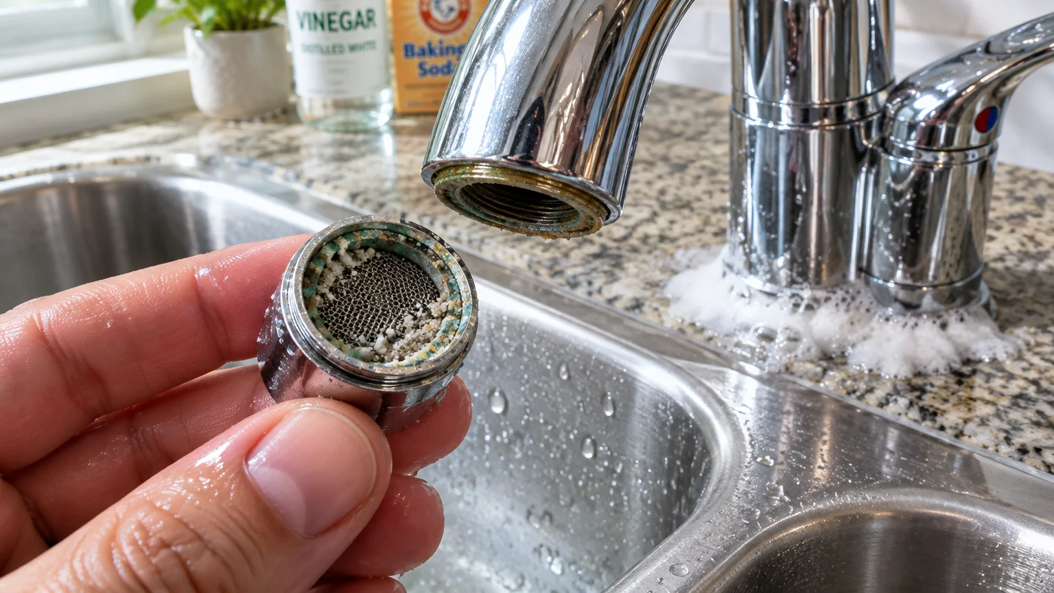 A hand holding an unscrewed faucet aerator covered in mineral scale over a kitchen sink with a chrome faucet.