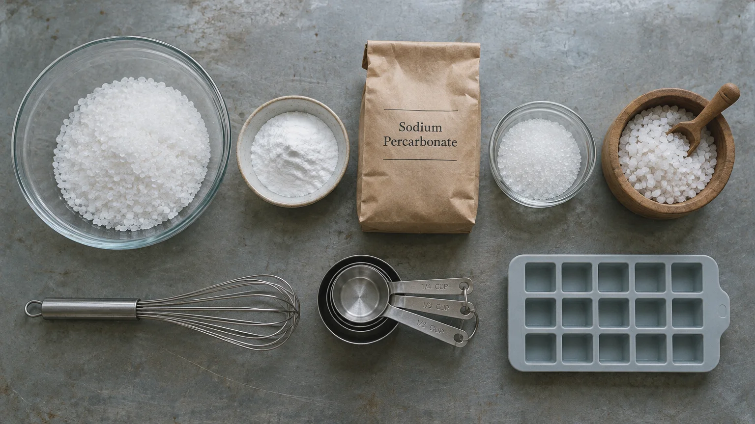 Bowls of white powders and salt beside a bag of sodium percarbonate, metal whisk, measuring cups, and silicone tray.