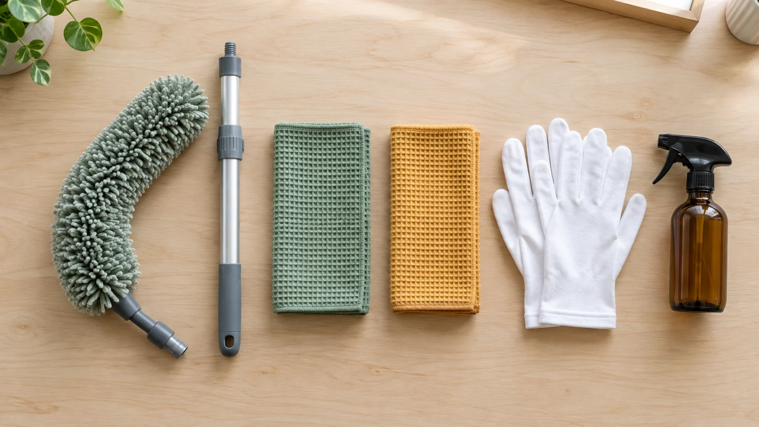 Flat lay of a microfiber duster head, extendable pole, green and yellow waffle towels, white gloves, and a spray bottle.