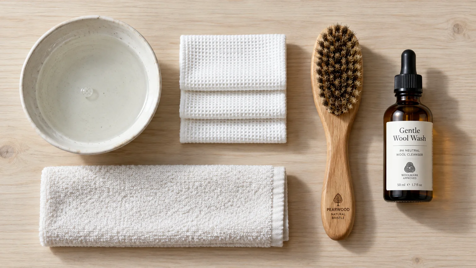 Overhead view of a ceramic water bowl, folded white cloths, a wooden boar bristle brush, and a bottle of wool wash.