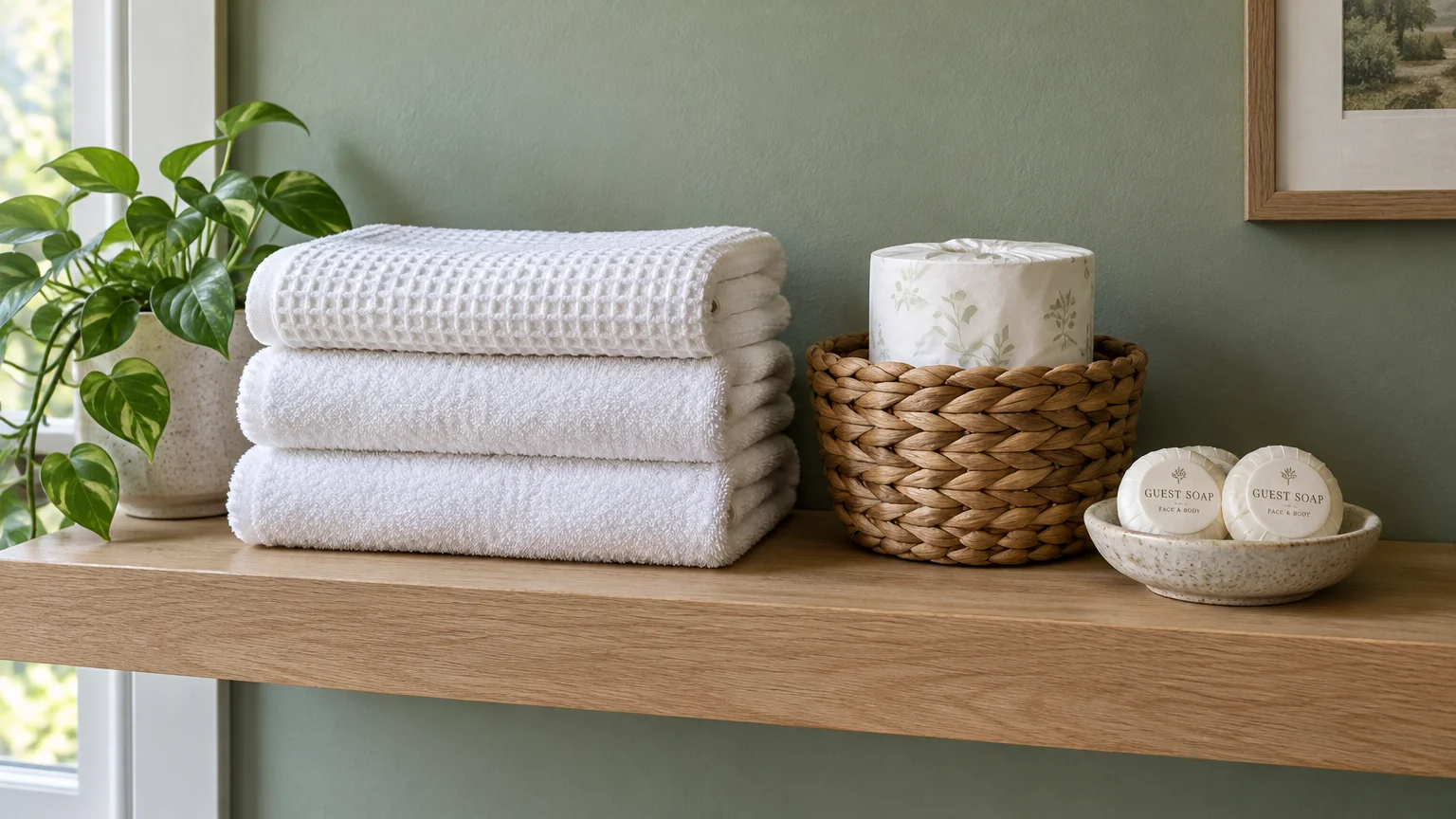 Folded white towels, a wrapped paper roll in a woven basket, and guest soaps displayed on a wooden shelf.