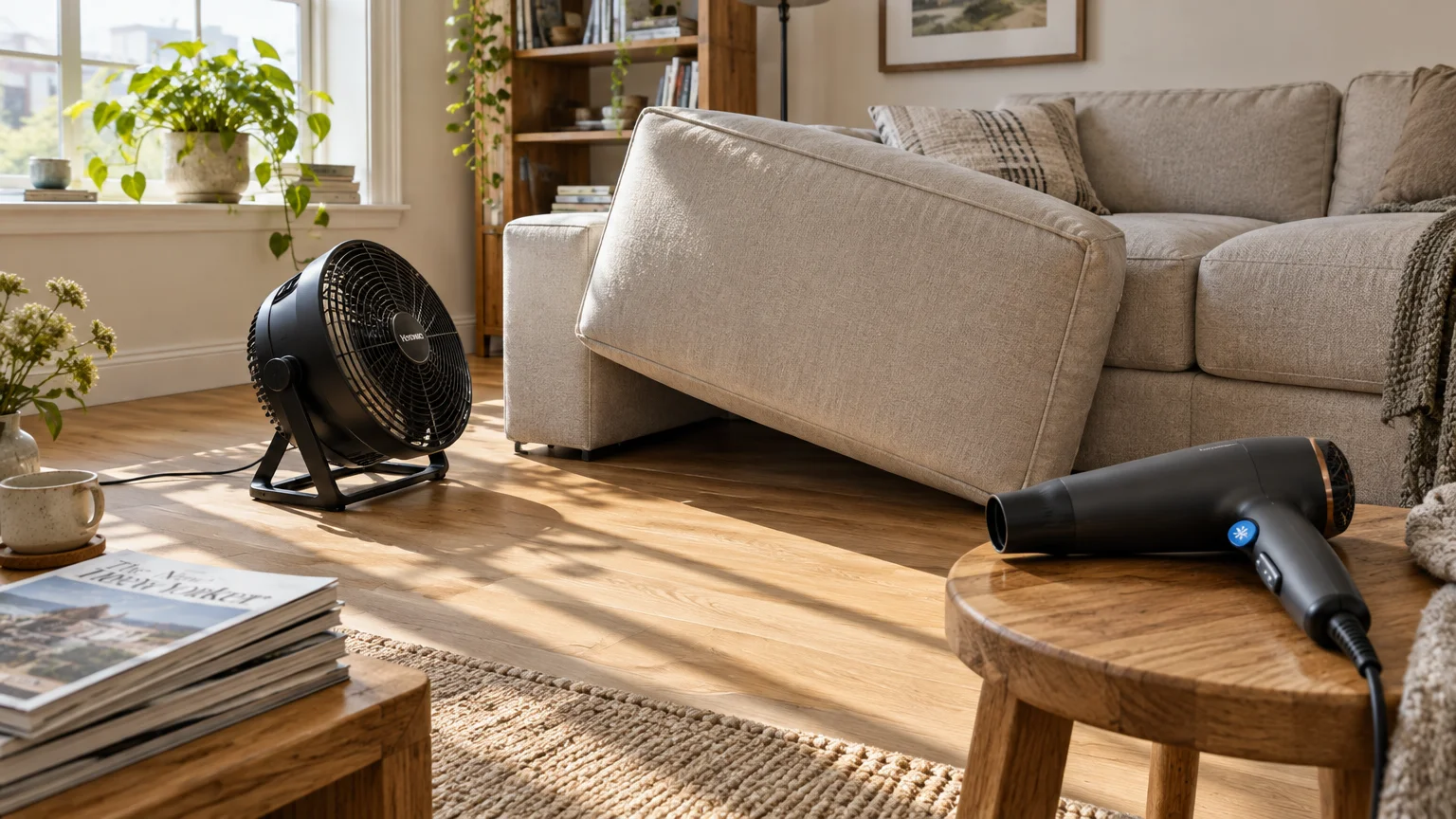 A floor fan blows air toward a propped couch cushion, with a hair dryer on a wooden side table in the foreground.