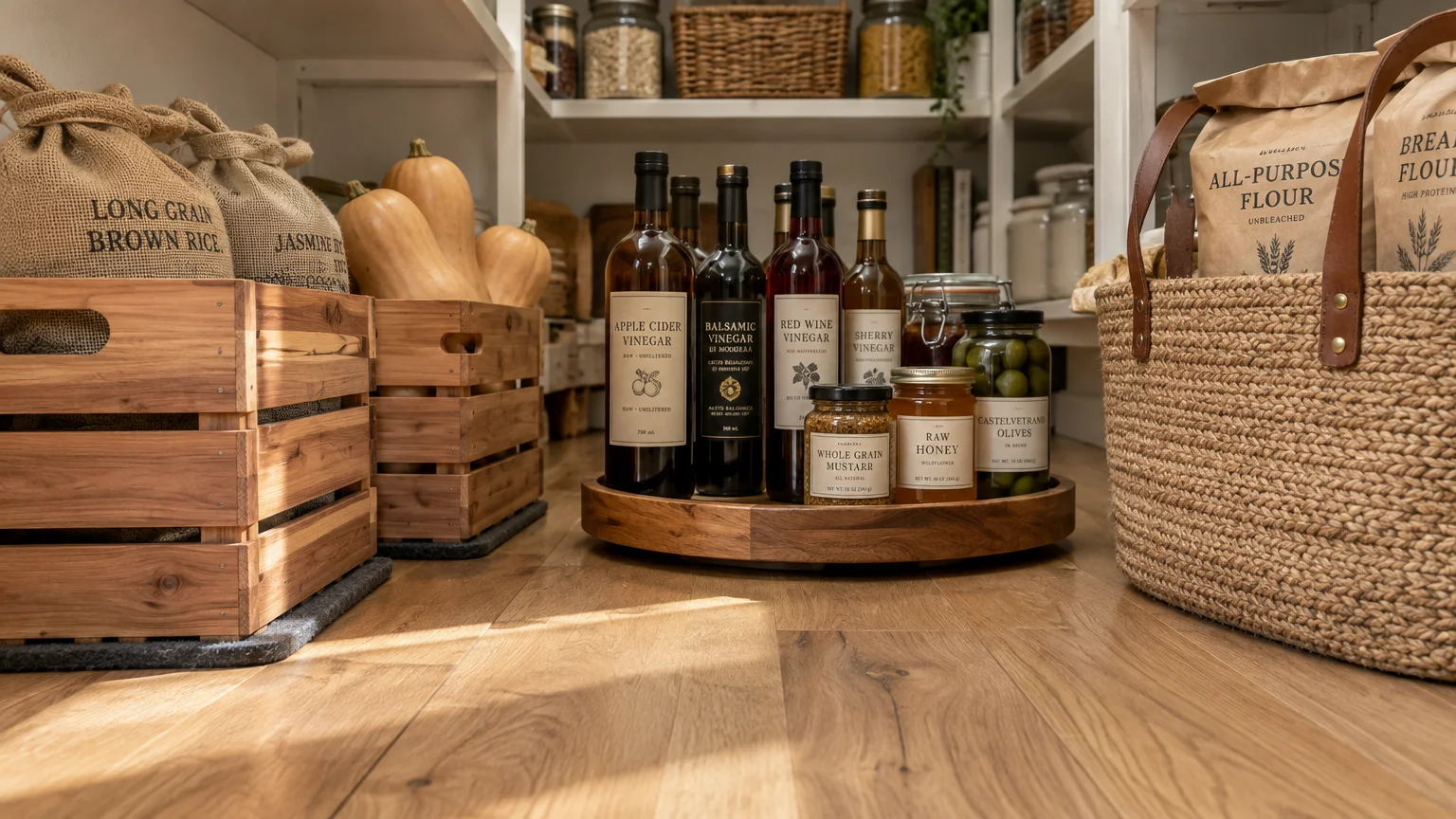 Wooden crates of grains and squash sit beside a rotating wooden tray filled with bottled vinegars and condiment jars.