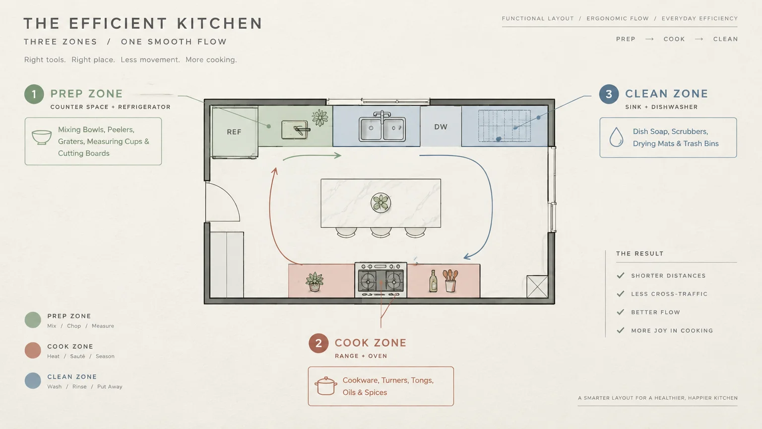 Floor plan diagram dividing a kitchen into Prep, Cook, and Clean work zones around a central island.