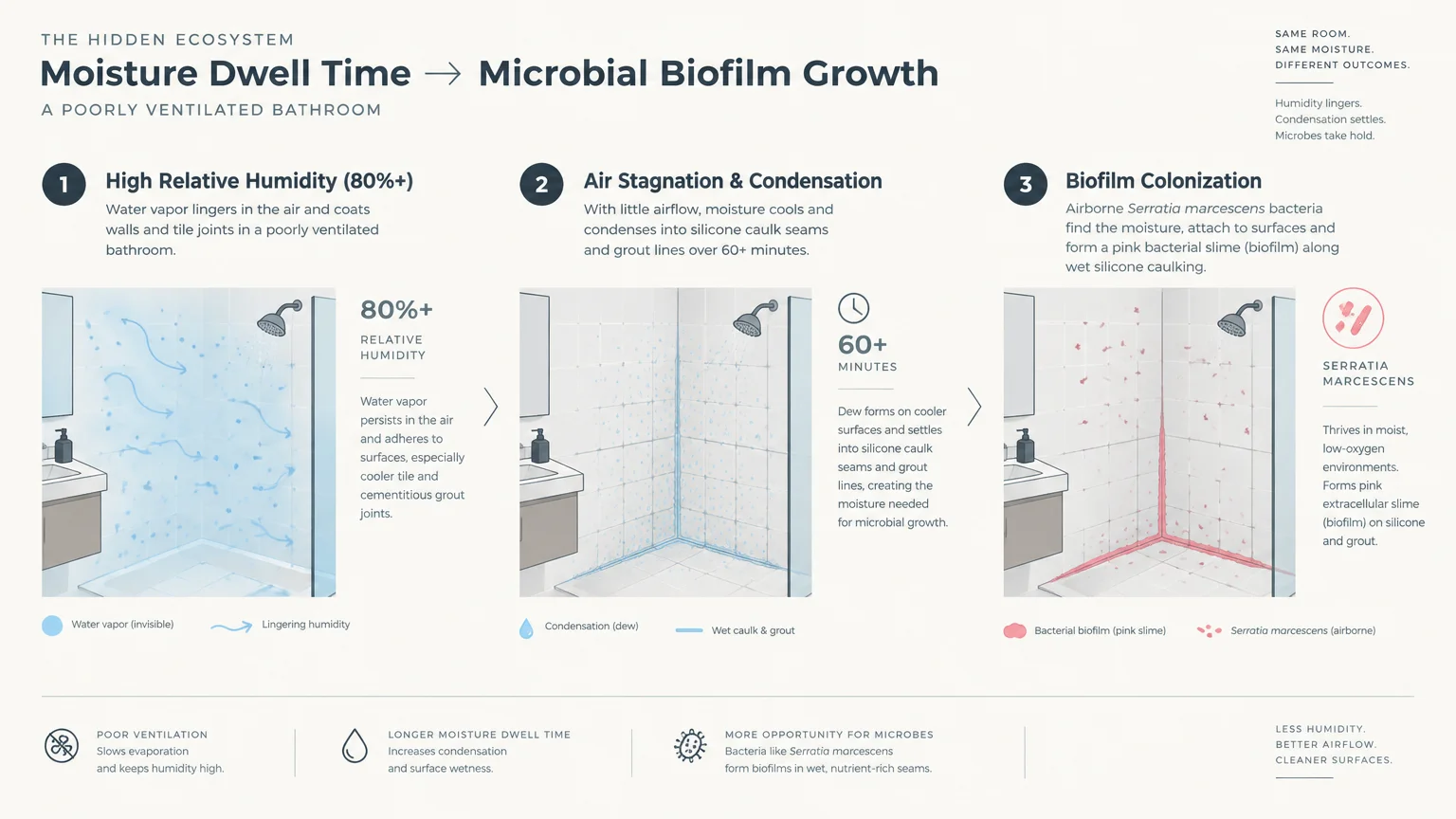 Diagram illustrating how high humidity and condensation lead to pink Serratia marcescens biofilm growth in a shower.